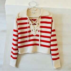 Marled Lace Up Pullover Women’s XS Red Cream Striped Sweater Cozy Cotton Fun